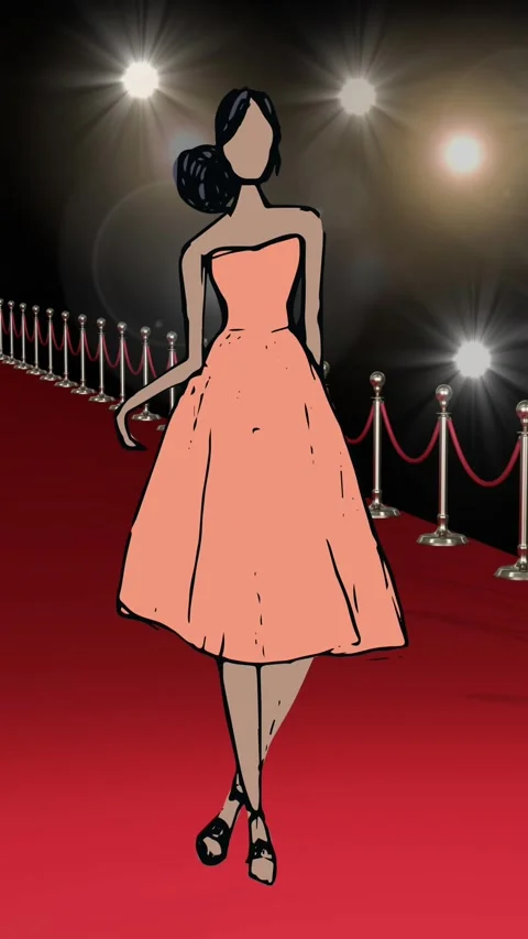 Animation of drawing of model on red carpet at fashion show, on black background Stock Footage 343682711