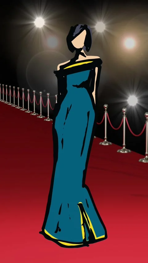 Animation of drawing of model on red carpet at fashion show, on black background Stock Footage 343682713
