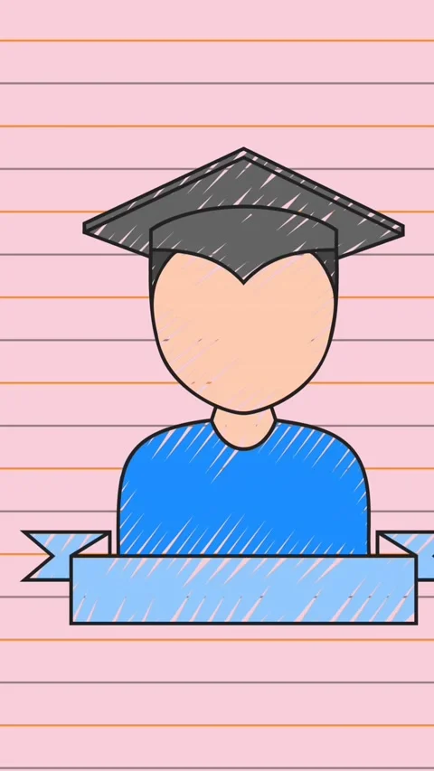 Animation of drawing of ribbon and boy wearing mortarboard over book page Stock Footage 344774918
