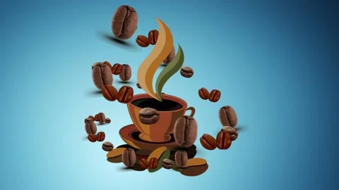 Animation of a drawn cup of coffee, coffee beans fly around with a 3D effect 스톡 동영상 202199661