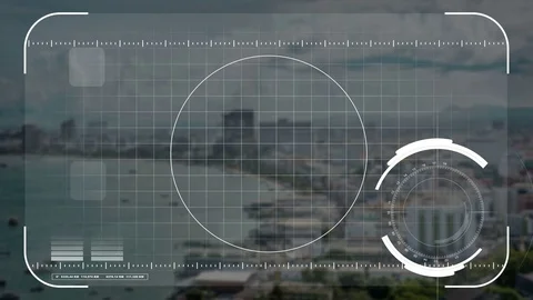 Animation drone camera or hologram scanning technology lock on seaside city Stock Footage 75036594