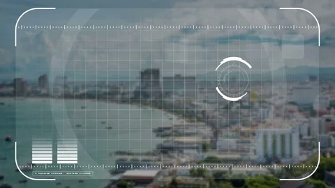 Animation drone camera scanning focusing seaside city in military observation 4k Видео 75047681
