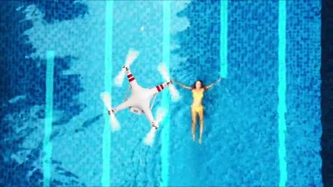 Animation of drone flight above pool. Cinematic style avideo flighting drone and Video stock 69217240