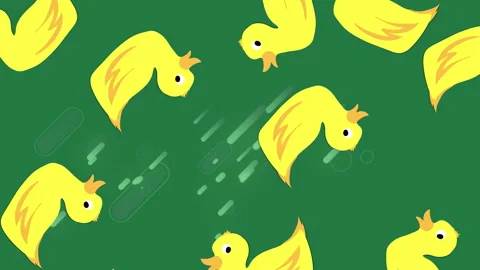 Animation of duck icons in seamless patterns and light trails against green Stock Footage 315836582