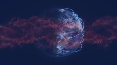 Animation of dynamic wave pattern and lines over rotating globe against black Video stock 247907622