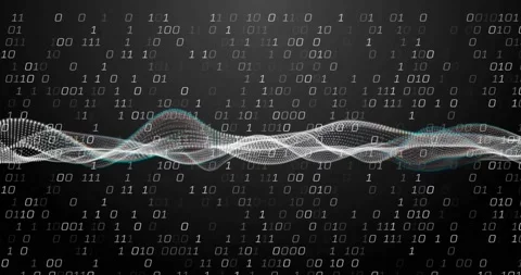 Animation of dynamic wave pattern and binary codes over black background Stock Footage 329579940