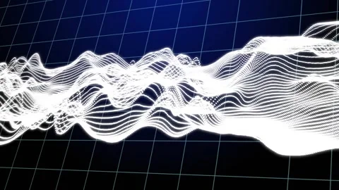Animation of dynamic wave pattern over grid pattern against blue background Video stock 247260326