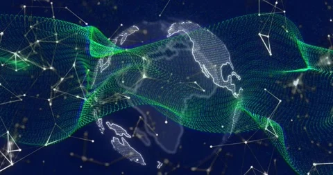 Animation of dynamic wave pattern over rotating globe and connected dots on Video stock 328823466