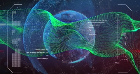 Animation of dynamic waves, loading bars, computer language and globe over Stock Footage 250314733