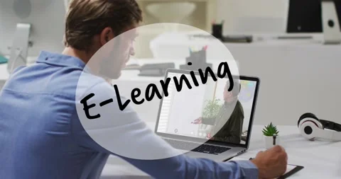 Animation of e-learning text over caucasian student taking notes and having Stock Footage 171268900