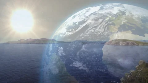 Animation of earth and sun over ocean, blending nature and planetary elements Stock Footage 305864474
