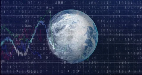 Animation of Earth with binary code and financial graphs for global data Stock Footage 305069243