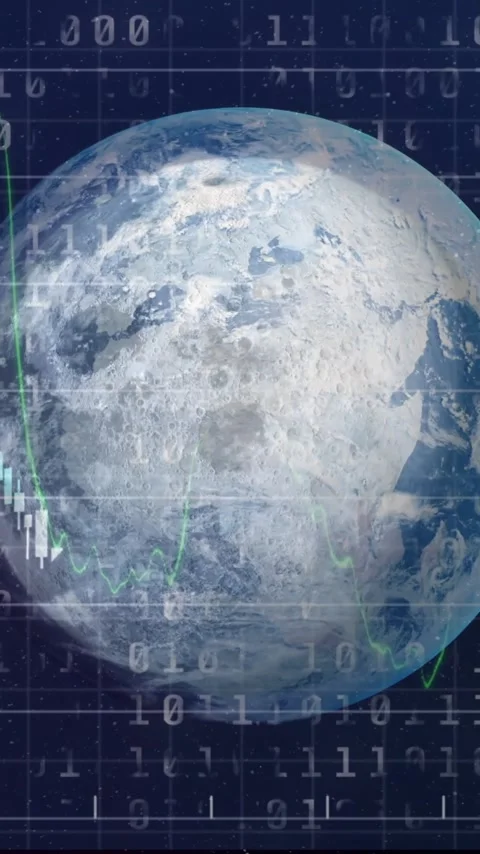 Animation of Earth with binary code and financial graphs for global data Stockbeeldmateriaal 344370569
