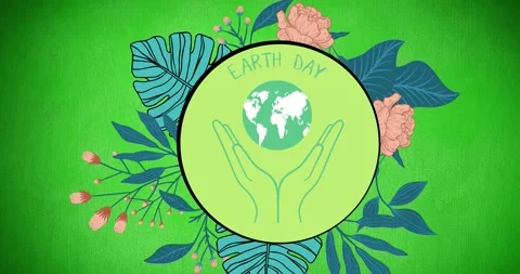 Animation of earth day text and logo over flowers on green background Stock Footage 328353195