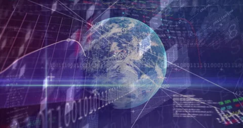 Animation of Earth with digital data and graphs, showing global technology Stock Footage 303608070