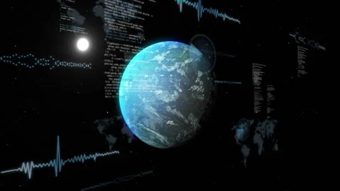 Animation of Earth rotating in space with digital data and graphs surrounding Stock Footage 304011551