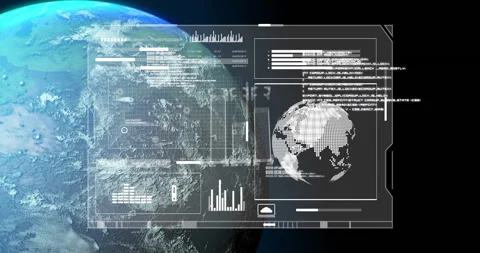 Animation of Earth from space with digital interface displaying data and graphs Stock Footage 303528464