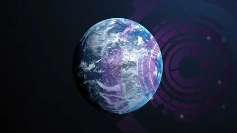 Animation of Earth in space with digital interface elements, highlighting Stock Footage 304011585