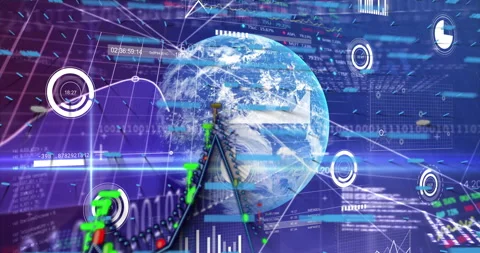 Animation of Earth surrounded by digital data and graphs, showing technology Stock Footage 303675294
