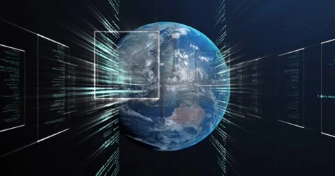 Animation of Earth surrounded by digital data streams and futuristic technology Stock Footage 328150845