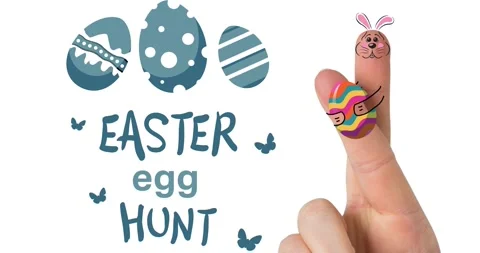 Animation of easter egg hunt and fingers with easter decorations on white Stock Footage 328093532