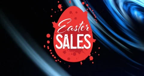 Animation of easter sales text in egg with red splash against blue abstract Stock Footage 330469051