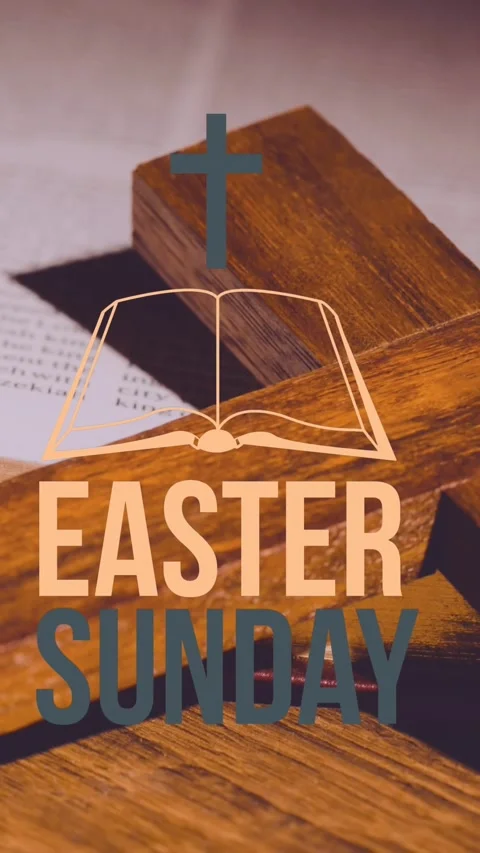 Animation of easter sunday over wooden christian cross and bible Stock Footage 341918366