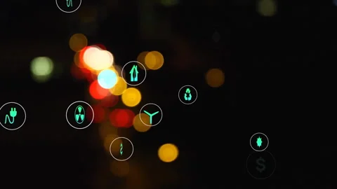 Animation of eco icons and data processing over out of focus city lights Stock Footage 265555351