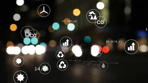 Animation of eco icons and data processing over out of focus city lights Stock Footage 265555357