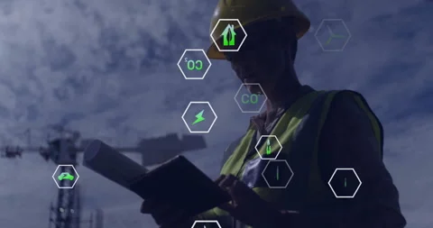 Animation of eco icons and data processing over caucasian female architect Stock Footage 309909116