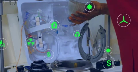 Animation of eco icons and data processing over engineer with water filter Video stock 310530017