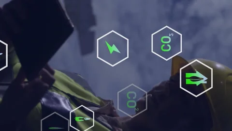 Animation of eco icons and data processing over caucasian female architect Stock Footage 313018257