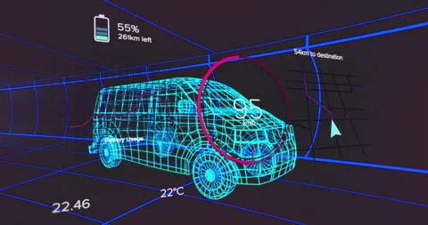 Animation of eco icons and data processing over 3d car technical drawing Stock Footage 315638854