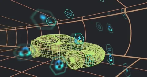 Animation of eco icons and data processing over 3d car technical drawing Stock Footage 328712239