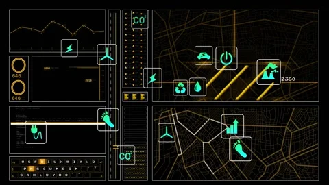 Animation of eco icons and data processing over black background Stock Footage 330179749
