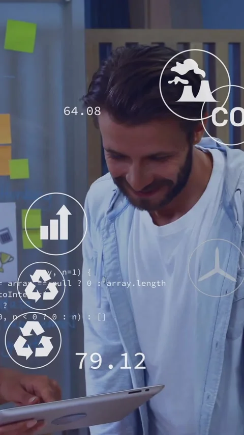Animation of eco icons and data processing over diverse business people in Vídeos de archivo 341660070