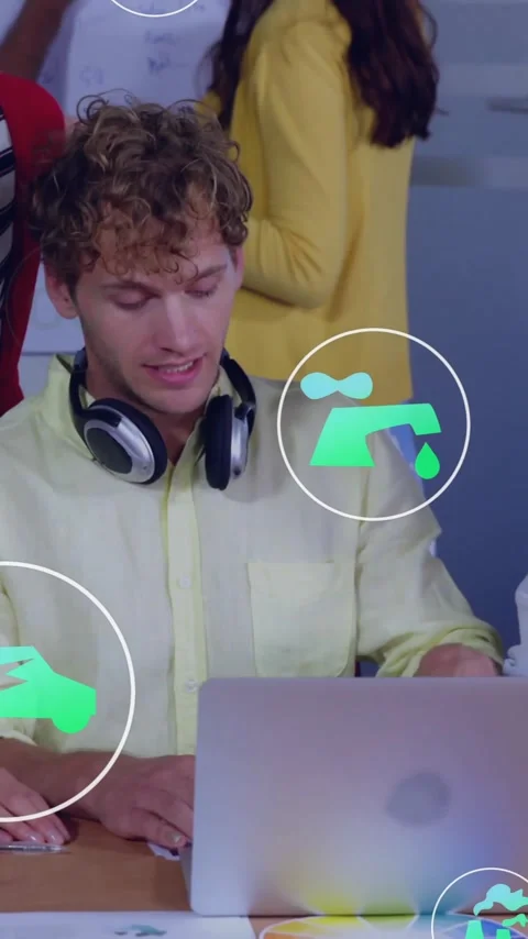 Animation of eco icons and data processing over diverse business people in Vídeos de archivo 341660076