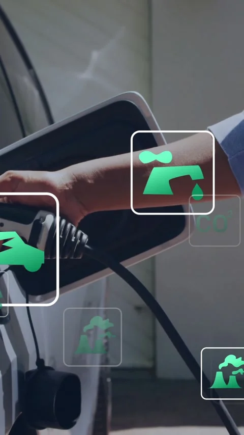 Animation of eco icons and data processing over caucasian man charging electric Stock Footage 342806130