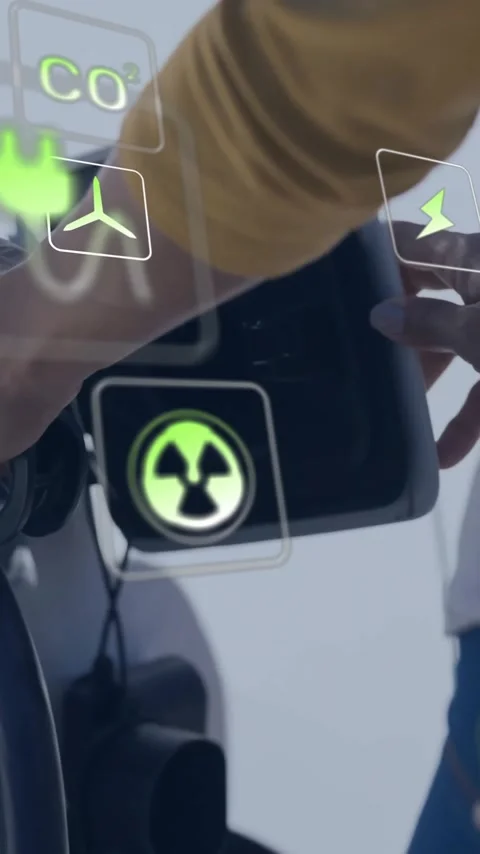 Animation of eco icons and data processing over caucasian woman charging Stock Footage 342806135