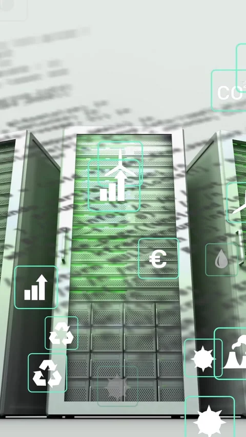 Animation of eco icons and data processing over computer servers Stock Footage 342811559