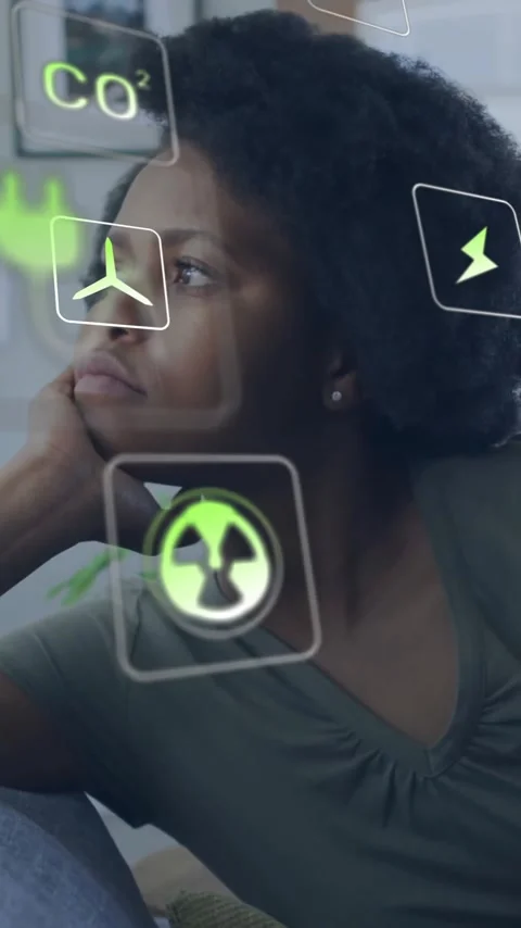 Animation of eco icons and data processing over african american woman on sofa Stock Footage 342812545