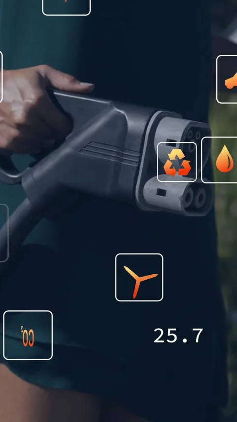 Animation of eco icons and data processing over caucasian woman charging Stock Footage 342812556
