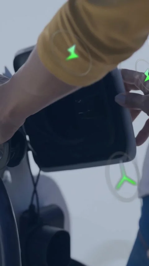 Animation of eco icons and data processing over caucasian man charging electric Stock Footage 342812560