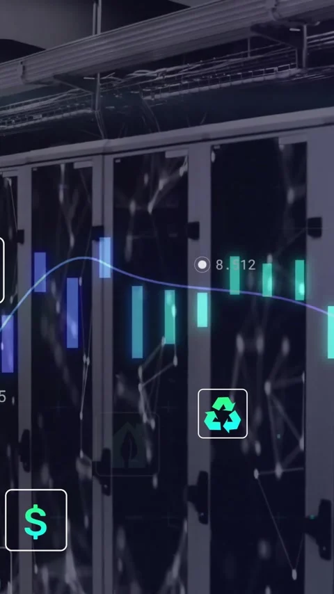 Animation of eco icons and data processing over computer servers Stock Footage 343738151