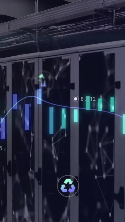 Animation of eco icons and data processing over computer servers Stock Footage 343738152