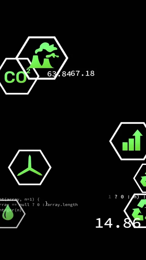 Animation of eco icons and data processing over black background Stock Footage 343827648