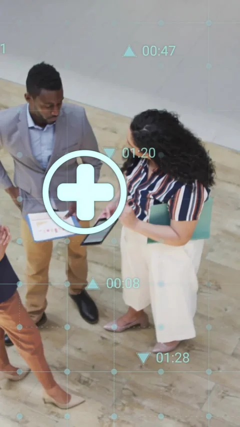 Animation of eco icons and data processing over diverse businesspeople in office Stock Footage 344244233