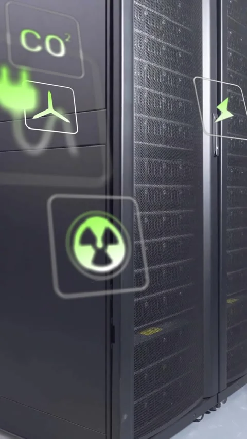 Animation of eco icons and data processing over computer servers Stock Footage 344284675