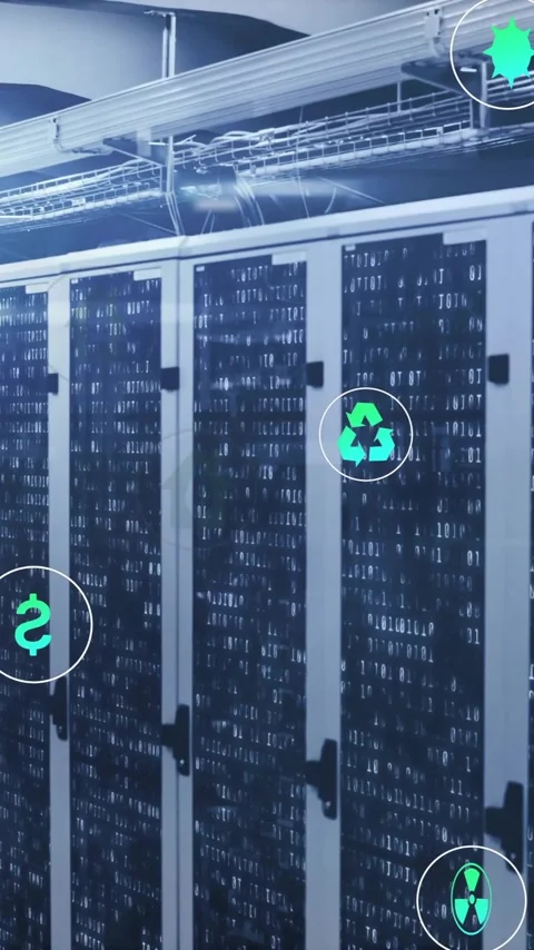 Animation of eco icons and digital data processing over computer servers Stock Footage 342010529