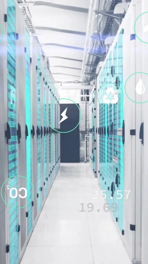 Animation of eco icons and digital data processing over computer servers Stock Footage 342010543